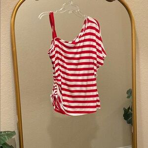 Trina Turk Marine Red and White Asymmetrical One Shoulder Blouse Size L